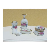 Toilet sæt porcelæn m/blomster: Tandkrus, pumpe, sæbeskål m/ 2 stk. sæbe, creme krukke
