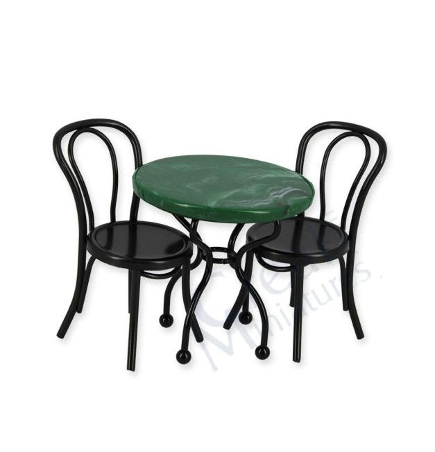 Havemøbel sæt: bord m/grøn marmorpl. +2 stole sort metal
