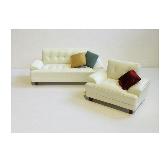 Moderne sofa + lænestol, hvid læder + 3 puder