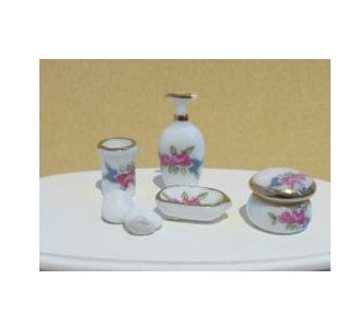 Toilet sæt porcelæn m/blomster: Tandkrus, pumpe, sæbeskål m/ 2 stk. sæbe, creme krukke