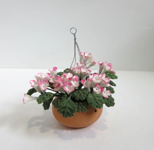 Pink/hvid hængende blomster fimo i keramik-skål