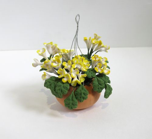 Gul/hvid hængende blomster fimo i keramik-skål