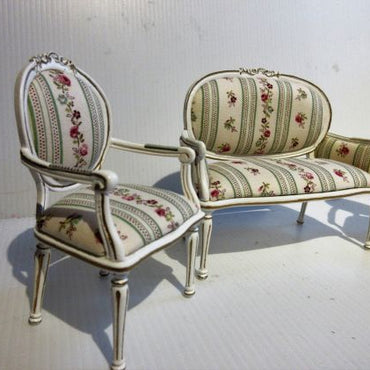 Sofa + 2 stole med armlæn elfenbensf. + guld, stof m/roser