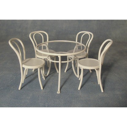 Bord + 4 stole, hvid metal